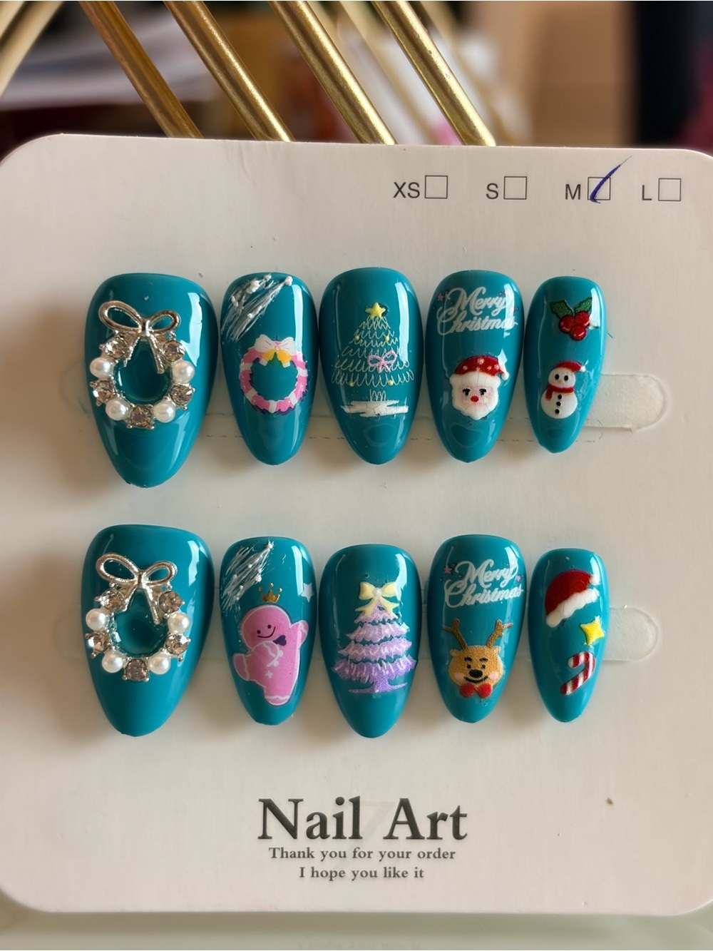 Teal Christmas Press-On Nails - Med